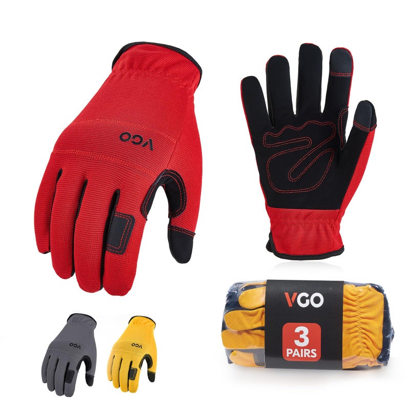 Vgo... 3-Pairs Synthetic Leather Work Gloves, Multi-Purpose Light Duty Work Gloves, Breathable & High Dexterity, Touchscreen (Size XL, 3 Color, NB7581) - Image 1